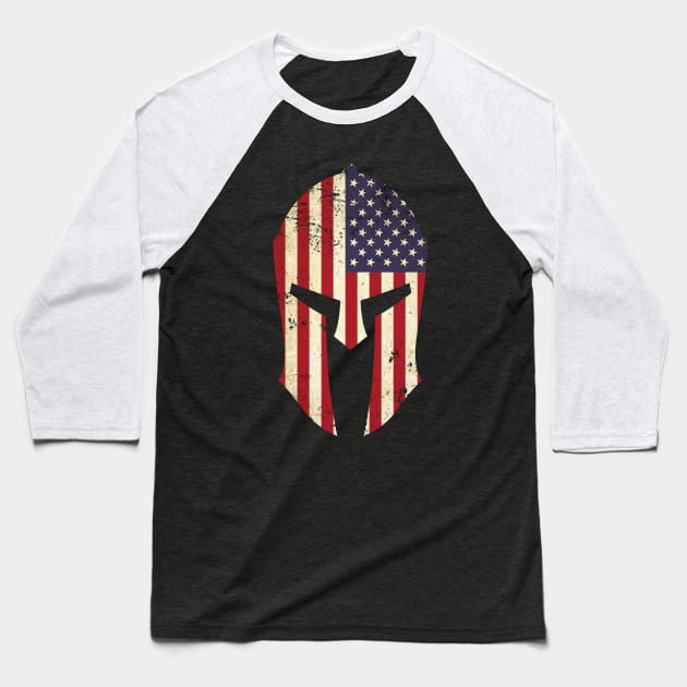 Spartan Helmet American Flag Distressed Warrior Baseball T-Shirt by Beltschazar